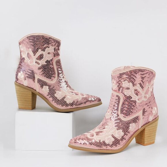 Women's Sparkling Cream Shiny Sequin Embroidery Ankle Pointed Toe Western Boot - Picture 7 of 7